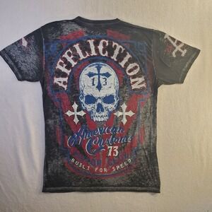 Affliction American Customs Motor Club Skull Graphic T-Shirt Black Burnout Mens